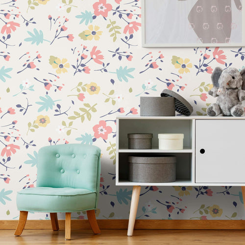 White Botanical Floral Peel and Stick Removable Wallpaper