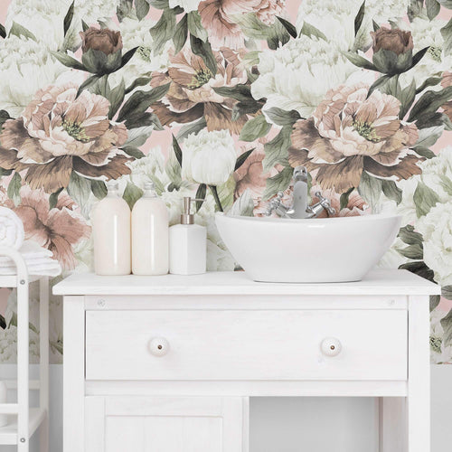 White and Pink Flower Peel and Stick Removable Wallpaper