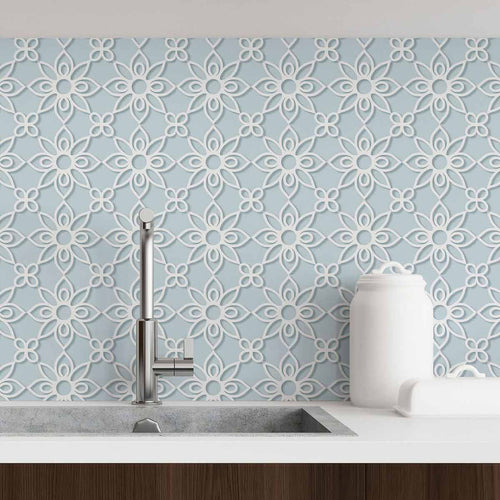 Add depth and richness to your living space in one quick move. This exquisite peel and stick wallpaper cleverly creates the 3-dimensional effect of a white floral lattice over a pale blue background. The delicate, intricate lattice, the calming blue tone, and the rich matte finish of this latex saturated, PVC-free wallpaper, make it suitable for both classic and contemporary interiors.