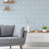Add depth and richness to your living space in one quick move. This exquisite peel and stick wallpaper cleverly creates the 3-dimensional effect of a white floral lattice over a pale blue background. The delicate, intricate lattice, the calming blue tone, and the rich matte finish of this latex saturated, PVC-free wallpaper, make it suitable for both classic and contemporary interiors.