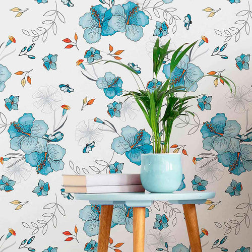 Take your decor on a blissful sojourn with this floral blue wallpaper that is just the right blend of relaxed and dynamic. Hibiscus blossoms are pictured all over the wall covering in gentle blue tones with a watercolor style, while little orange highlights energize the seamless and organic composition.&nbsp;Bring home a ton-toxic, PVC-free wall treatment that is both functionally and aesthetically a safe choice!