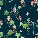 Blossoms, bugs, butterflies and birds, each more exotic than the next – this exquisite peel and stick wallpaper is a slice of paradise! This dramatic design sets the mood with a deep blue-green background, against which the tropical flora and fauna appear in delightfully contrasting greens, pinks, blues and purples.&nbsp;This PVC-free wallpaper will enrich settings ranging from vintage to modern in a heartbeat.
