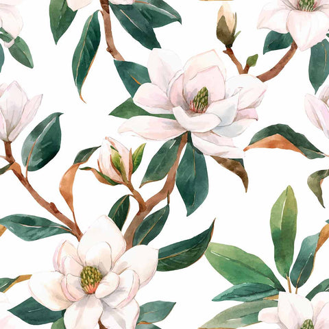 For your next home makeover, treat your walls to this luxuriously vintage floral wallpaper featuring pale pink blossoms and deep green leaves on a white background. The large scale of the botanical elements gives the composition a flamboyant feel that makes it perfect as an eye-catching highlight such as a feature wall or a distinctive kitchen backsplash.