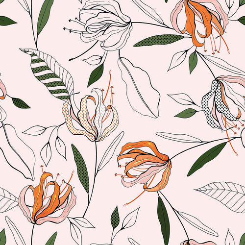 Vintage in its look-feel, yet capable of complementing contemporary spaces, this artistic floral peel and stick wallpaper is a handy addition to your decor kitty. Beautiful blooms and leaves appear all over its pale pink background, and occasional touches of orange and green bring them to life. Carrying a classic feel, this PVC-free wallpaper also knows how to be playfully modern.