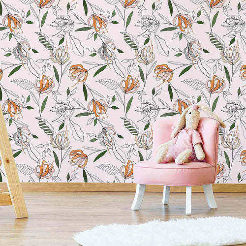 Vintage in its look-feel, yet capable of complementing contemporary spaces, this artistic floral peel and stick wallpaper is a handy addition to your decor kitty. Beautiful blooms and leaves appear all over its pale pink background, and occasional touches of orange and green bring them to life. Carrying a classic feel, this PVC-free wallpaper also knows how to be playfully modern.