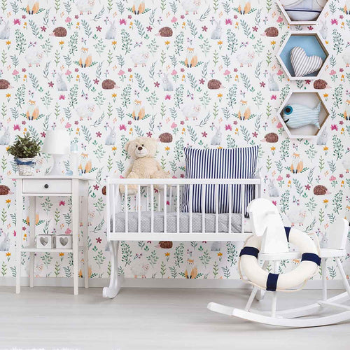 Lambs, cubs, bunnies and baby porcupines strike the cutest poses in this delightful kids’ room wallpaper that also features a variety of botanical elements. This fresh, fun design is not only a great fit for your little one’s bedroom, it’ll even tempt you to try it out in other areas of the house! Multicolored flowers and foliage give it a peppy springtime feel, while a latex coating tops things off with a nice matte finish.