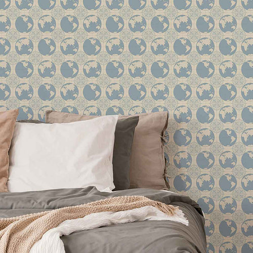 The perfect element of bedroom decor for a globetrotter, this fun peel and stick wallpaper sets a travel theme using a geometric arrangement of globes and compasses. Articulated in muted blue and beige tones, it has a relaxed, distinctly vintage vibe that makes a charming addition to contemporary spaces. The look of this PVC-free wallpaper is further enhanced by its rich matte finish.