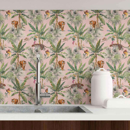 A tropical jungle makes its way to your home in the form of this stunning peel and stick wallpaper featuring leopards, tigers, monkeys and tropical birds in their natural habitat. The flora and fauna appearing on this wall covering have a detailed, hand painted effect that gives the composition an elegant, artistic look. This removable wall paper is free from PVC, lead and VOC, and uses a latex coating to protect is beautiful jungle print.