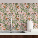 A tropical jungle makes its way to your home in the form of this stunning peel and stick wallpaper featuring leopards, tigers, monkeys and tropical birds in their natural habitat. The flora and fauna appearing on this wall covering have a detailed, hand painted effect that gives the composition an elegant, artistic look. This removable wall paper is free from PVC, lead and VOC, and uses a latex coating to protect is beautiful jungle print.
