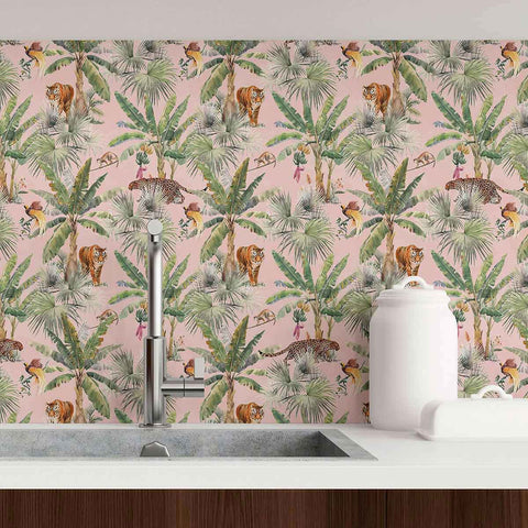 A tropical jungle makes its way to your home in the form of this stunning peel and stick wallpaper featuring leopards, tigers, monkeys and tropical birds in their natural habitat. The flora and fauna appearing on this wall covering have a detailed, hand painted effect that gives the composition an elegant, artistic look. This removable wall paper is free from PVC, lead and VOC, and uses a latex coating to protect is beautiful jungle print.