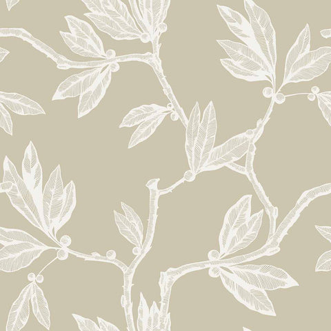 Serving subtle sophistication in serene grey tones, this botanical peel and stick wallpaper turns your walls into a work of art. Branches and leaves meander across the wallpaper panels as white sketches on a warm taupe background. They create a composition that is organic and free, yet structured into a basic geometrical pattern.