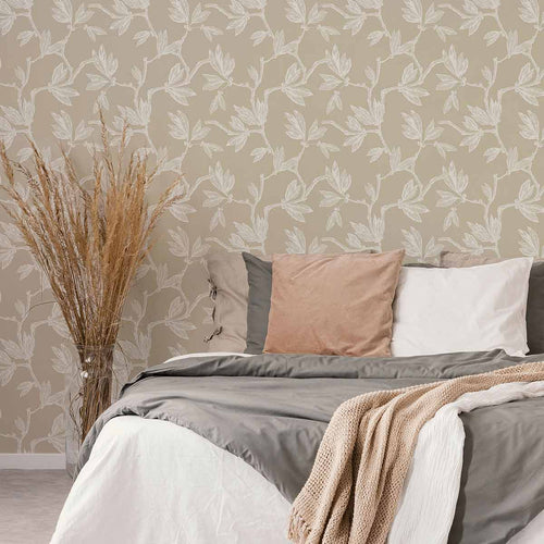 Serving subtle sophistication in serene grey tones, this botanical peel and stick wallpaper turns your walls into a work of art. Branches and leaves meander across the wallpaper panels as white sketches on a warm taupe background. They create a composition that is organic and free, yet structured into a basic geometrical pattern.