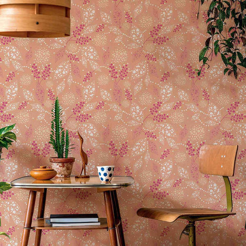 Here’s to things looking peachy every single day! This gorgeous floral peel and stick wallpaper presents purple and white foliage illustrations on a peach colored background, together forming a rich, organic composition that’s all whimsy and warmth. Gentle but just the right amount of playful, this PVC-free design complements any and all settings.