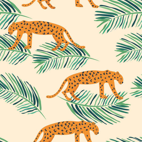 Energize your living space with a gorgeous peel and stick wallpaper featuring leopards and leaves as small-scale illustrations on a pale pink background. This warm and vibrant wallpaper brightens up its surroundings with its intense orange notes and balancing green highlights. Complement this richly finished PVC-free wallpaper with indoor greenery, natural finishes and neutral toned fixtures for a delightful, earthy feel.
