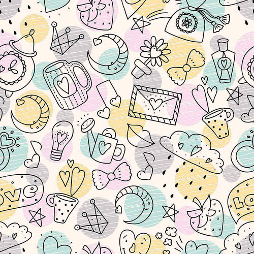 Packed in clouds, wrapped in presents, tied up in bows, served in hot cuppas, held up as signs – love can be found in just about everything in this lovely and relaxed peel and stick wallpaper. A joyful, colorful yet subtle element of decor for your child’s room, it can also be appreciated by grown-ups with a whimsical sense of style!