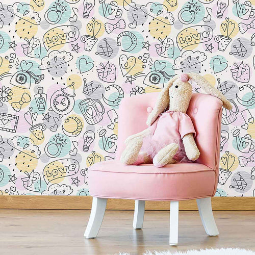 Packed in clouds, wrapped in presents, tied up in bows, served in hot cuppas, held up as signs – love can be found in just about everything in this lovely and relaxed peel and stick wallpaper. A joyful, colorful yet subtle element of decor for your child’s room, it can also be appreciated by grown-ups with a whimsical sense of style!