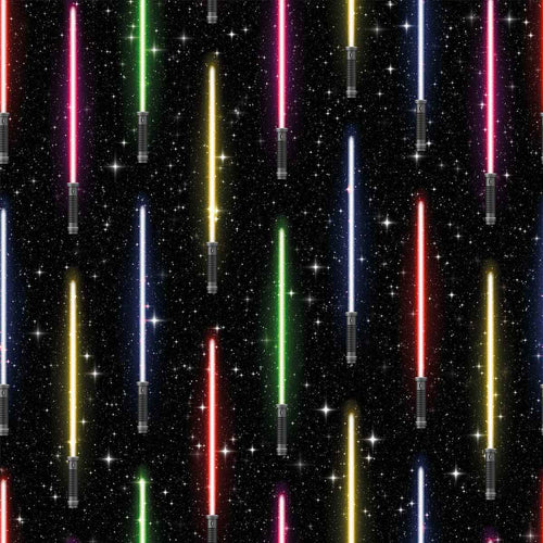 A stunning wall covering from a galaxy far far away! This Star Wars themed peel and stick wallpaper presents vertically arranged light sabers on a starry black background. Exuberant and emphatic, this design is made to make heads turn. At the same time, it has the structured feel of a striped composition, and as such can easily lend itself to formal spaces that enjoy a bit of whimsy.