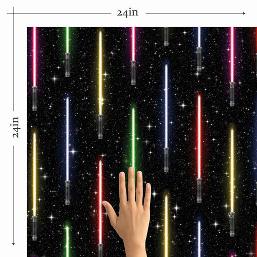 A stunning wall covering from a galaxy far far away! This Star Wars themed peel and stick wallpaper presents vertically arranged light sabers on a starry black background. Exuberant and emphatic, this design is made to make heads turn. At the same time, it has the structured feel of a striped composition, and as such can easily lend itself to formal spaces that enjoy a bit of whimsy.
