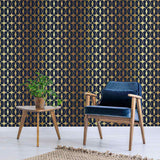 Care for some regal splendor in your standard apartment? This gorgeous geometric wallpaper with an Art Deco vibe will upgrade the ambiance instantly. Its deep blue background showcases a beautiful trellis printed with varying yellow and beige notes to produce a golden look. The metallic effect of this peel and stick wallpaper makes it perfect for styling up a living room or an expansive kitchen.