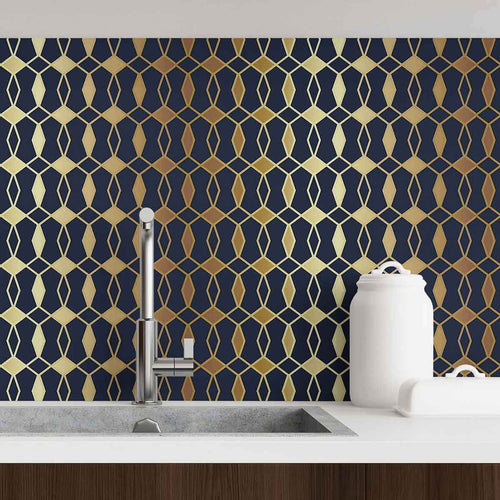 Care for some regal splendor in your standard apartment? This gorgeous geometric wallpaper with an Art Deco vibe will upgrade the ambiance instantly. Its deep blue background showcases a beautiful trellis printed with varying yellow and beige notes to produce a golden look. The metallic effect of this peel and stick wallpaper makes it perfect for styling up a living room or an expansive kitchen.