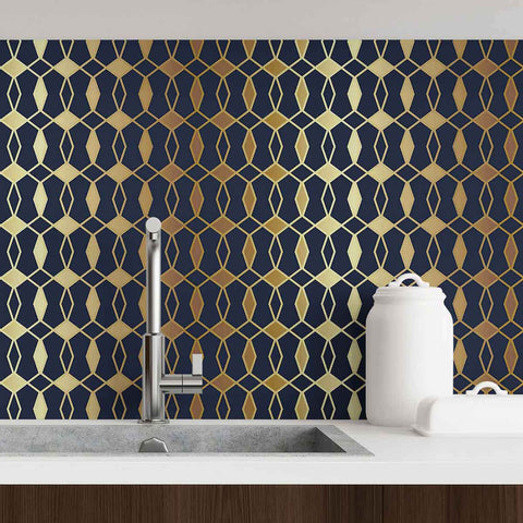 Care for some regal splendor in your standard apartment? This gorgeous geometric wallpaper with an Art Deco vibe will upgrade the ambiance instantly. Its deep blue background showcases a beautiful trellis printed with varying yellow and beige notes to produce a golden look. The metallic effect of this peel and stick wallpaper makes it perfect for styling up a living room or an expansive kitchen.