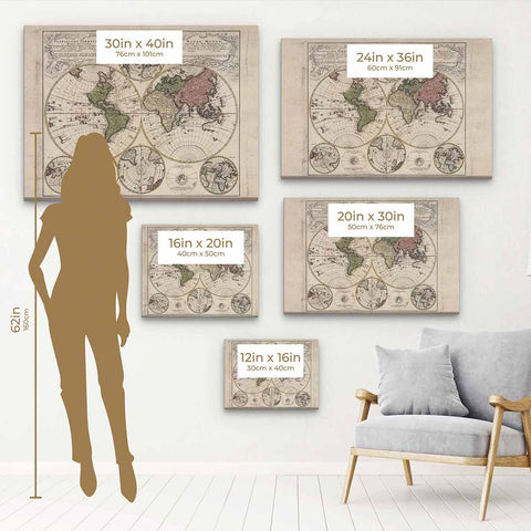 Beige Vintage world map Wall Art Canvas 3450