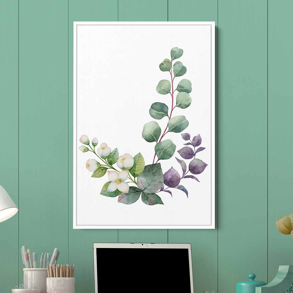 Green Watercolor White Jasmine Eucalyptus Wreath Wall Art