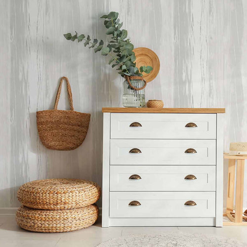 It may take years for that white painted wooden wall to age just right, but for this textured peel and stick wallpaper, it takes only an instant! Featuring a photorealistic print of a distressed wood wall with its white paint receding into light greys, this stunning PVC-free wall covering is the perfect focus for your shabby chic decor.