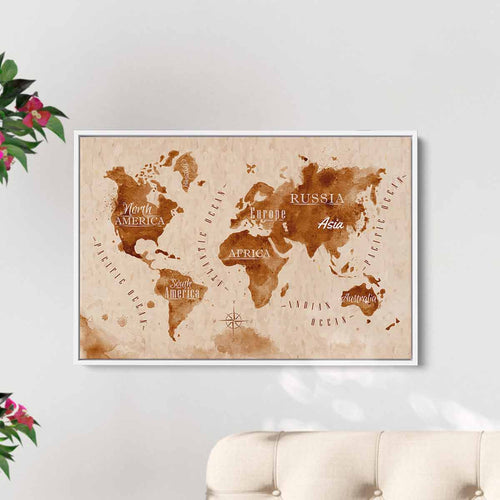 Brown World map Wall Art Canvas 6075