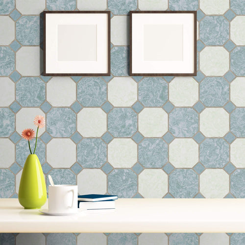 Beige and Blue Tile Tile Adhesive Peel and Stick Removable Wallpaper