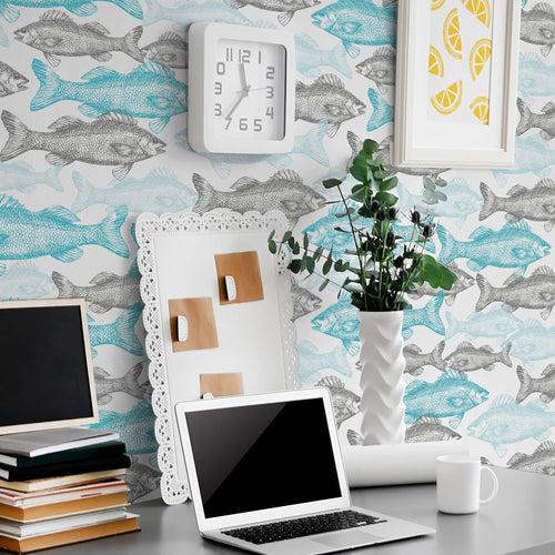Blue Fish Nautical Peel and Stick Removable Wallpape