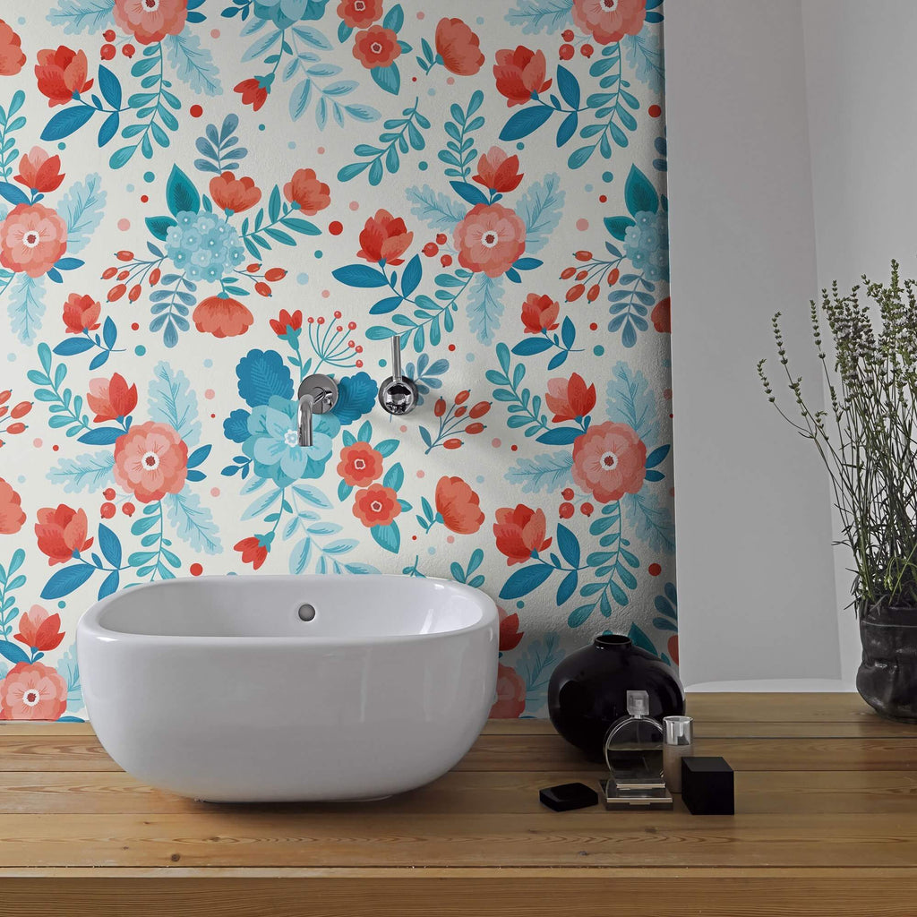 Blue & Orange Floral Peel and Stick Wallpaper | Walls By Me