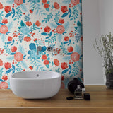 Blue and Orange Floral Peel and Stick Removable Wallpaper