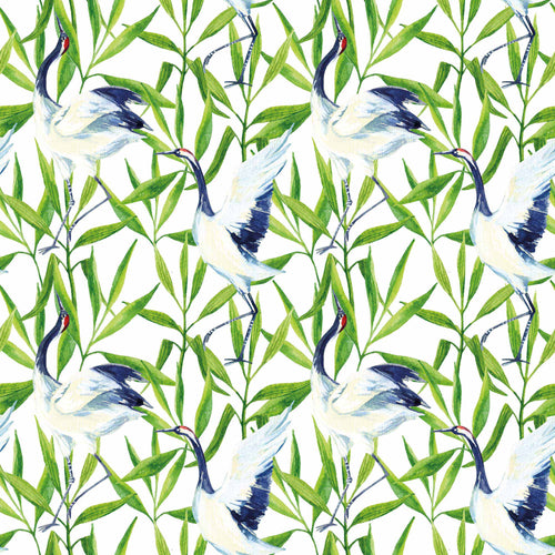 Elegant Japanese cranes flock amid lush green leaves in this vibrant peel and stick wallpaper