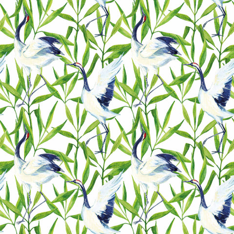 Elegant Japanese cranes flock amid lush green leaves in this vibrant peel and stick wallpaper