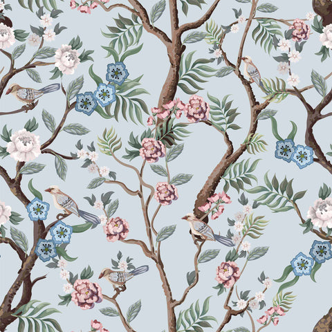 A lovely Oriental ensemble of boughs, blossoms and birds, this charming chinoiserie