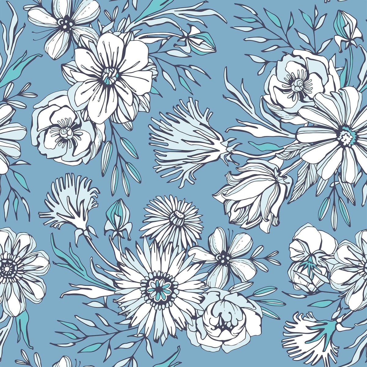 Blue and Emerald Watercolor Floral Wallpaper | Walls By Me