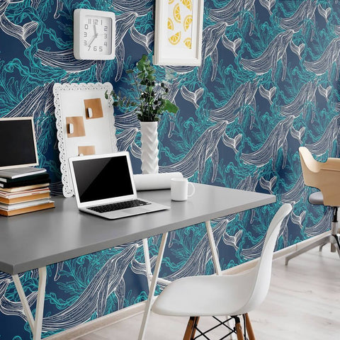 Blue and White Fish Nautical Peel and Stick Removable Wallpaper