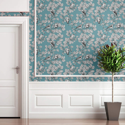 Blue Floral Animal Peel and Stick Removable Wallpaper