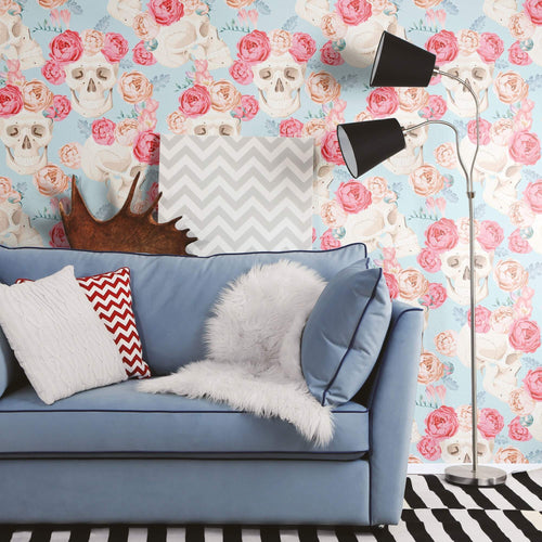 Blue and Red Skulls Themed Peel and Stick Removable Wallpaper
