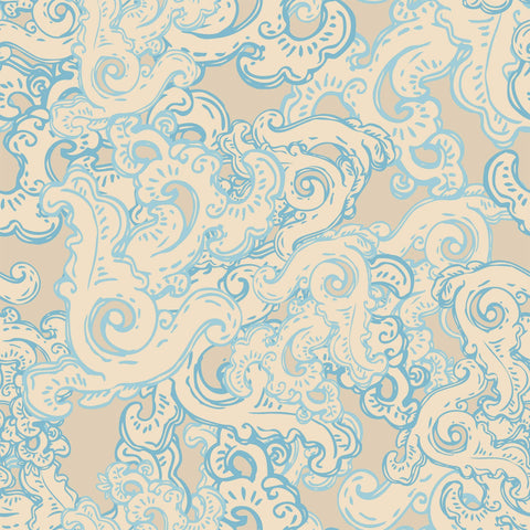 Beige and Blue Fish Nautical Peel and Stick Removable Wallpaper