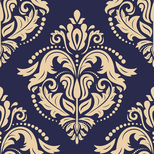 Beige and Blue Damask Basic Peel and Stick Removable Wallpaper