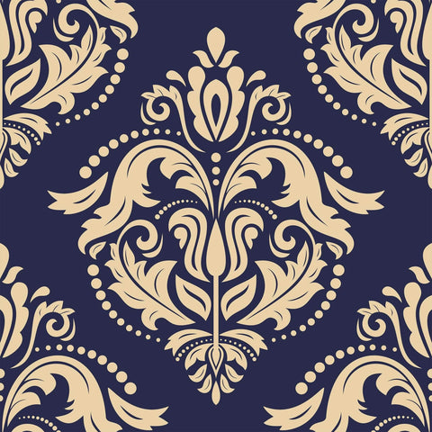 Beige and Blue Damask Basic Peel and Stick Removable Wallpaper