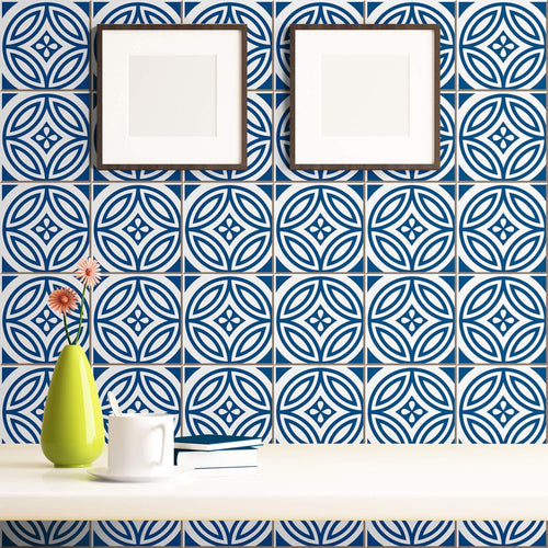 Blue and White Tile Tile Adhesive Peel and Stick Removable Wallpaper