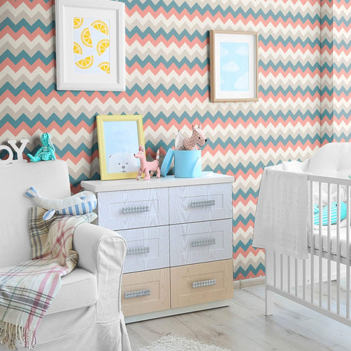 Beige and Blue Chevron Peel and Stick Removable Wallpaper
