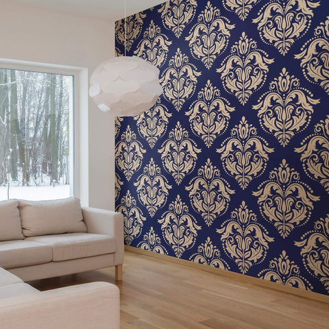Beige and Blue Damask Basic Peel and Stick Removable Wallpaper