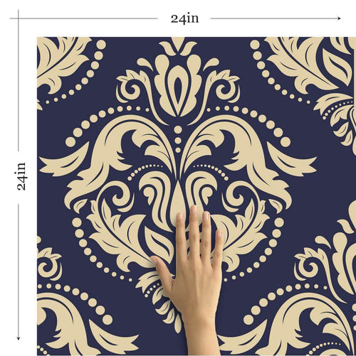 Beige and Blue Damask Basic Peel and Stick Removable Wallpaper