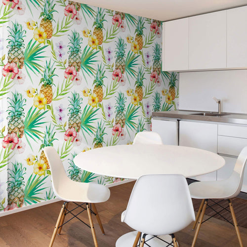 White Tropical Themed Peel and Stick Removable Wallpaper