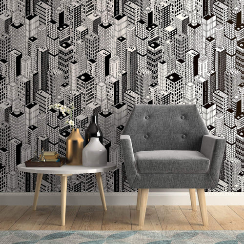 Black and White City Themed Peel and Stick Removable Wallpaper