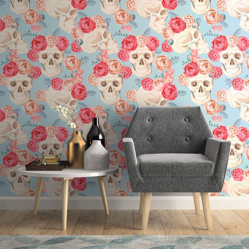 Blue and Red Skulls Themed Peel and Stick Removable Wallpaper